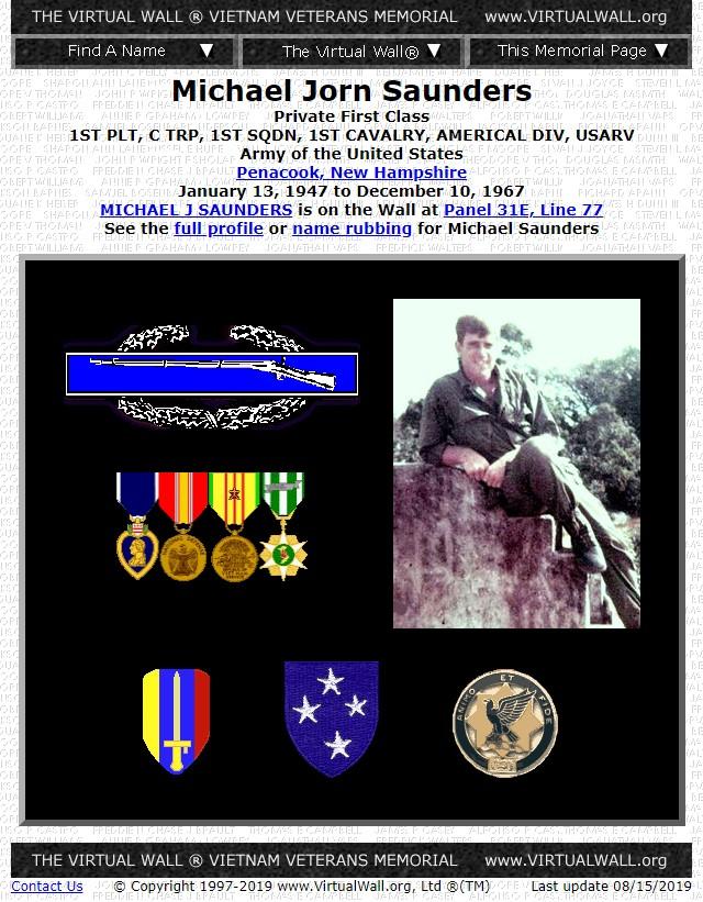 Michael Jorn Saunders Penacook NH Vietnam Casualty