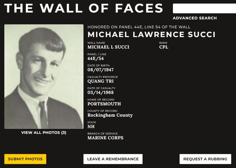 Michael Lawrence Succi Portsmouth NH Vietnam War Casualty