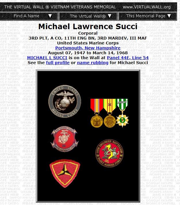 Michael Lawrence Succi Portsmouth NH Vietnam War Casualty