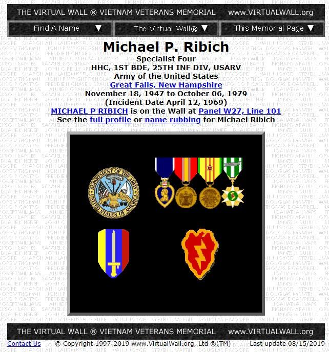 Michael P Ribich Somersworth NH Vietnam War Casualty