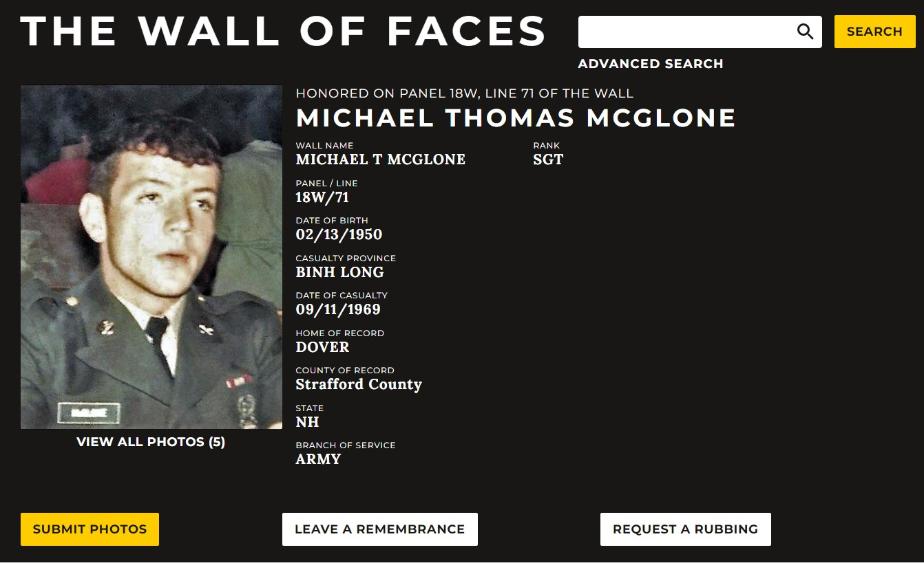 Michael Thomas McGlone - Dover NH Vietnam War Casualty