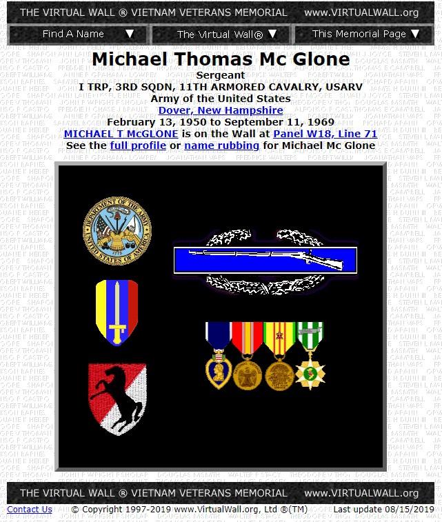 Michael Thomas McGlone - Dover NH Vietnam War Casualty