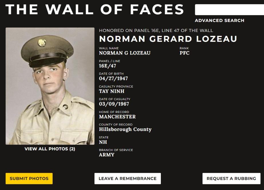 Norman Gerad Lozeau Manchester NH Vietnam War Casualty