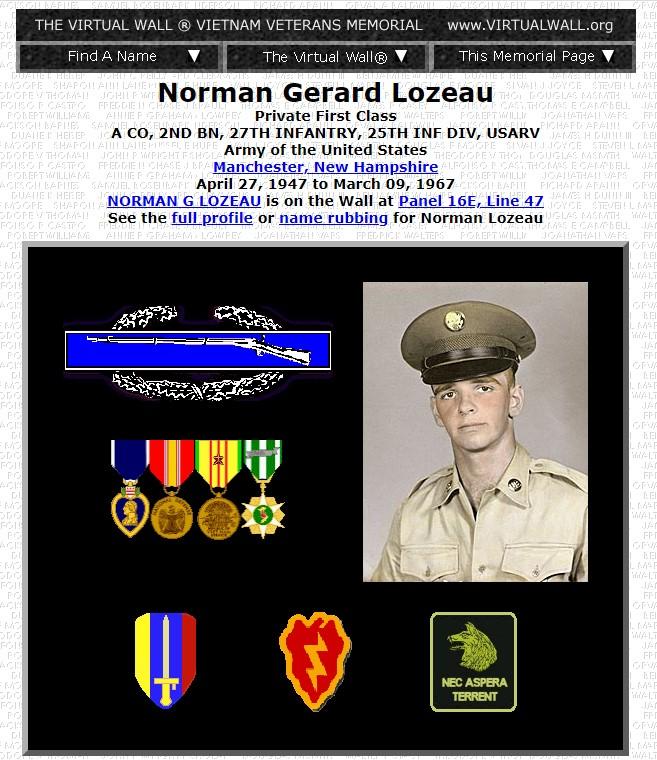 Norman Gerad Lozeau Manchester NH Vietnam War Casualty