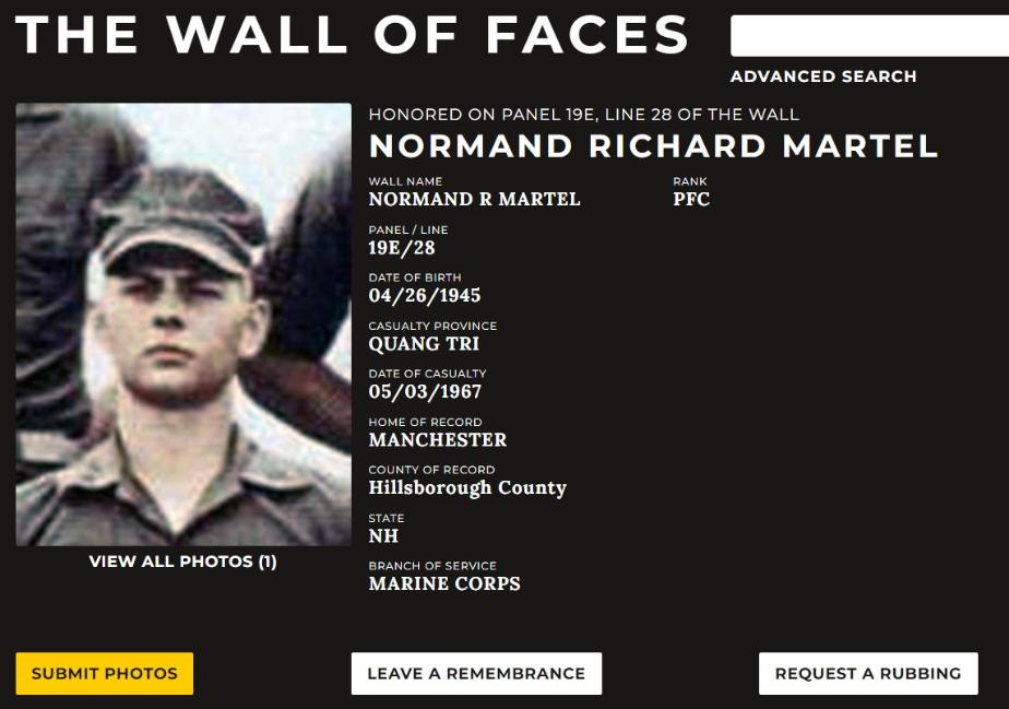 Normand Richard Martel Manchester NH Vietnam War Casualty