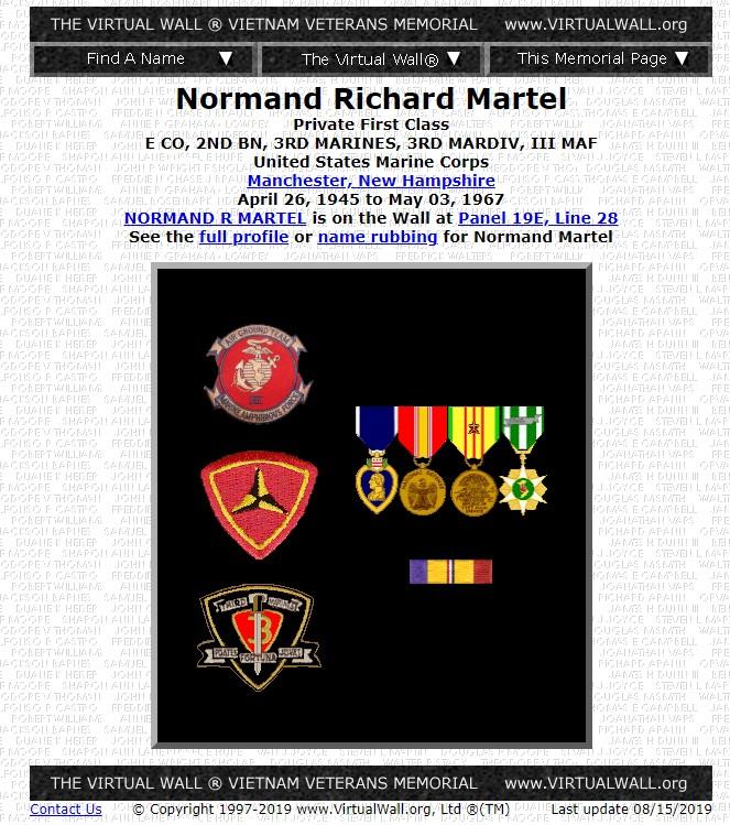 Normand Richard Martel Manchester NH Vietnam War Casualty