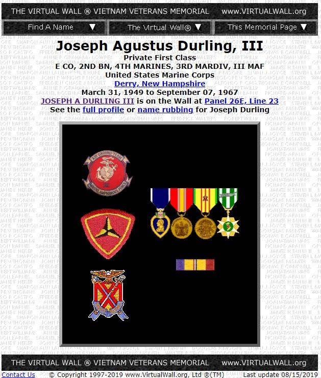 PFC Joseph Agustus Durling III Derry NH Vietnam Casualty