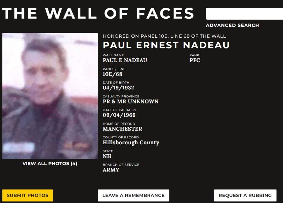 Paul Ernest Nadeau Manchester NH Vietnam War Casualty