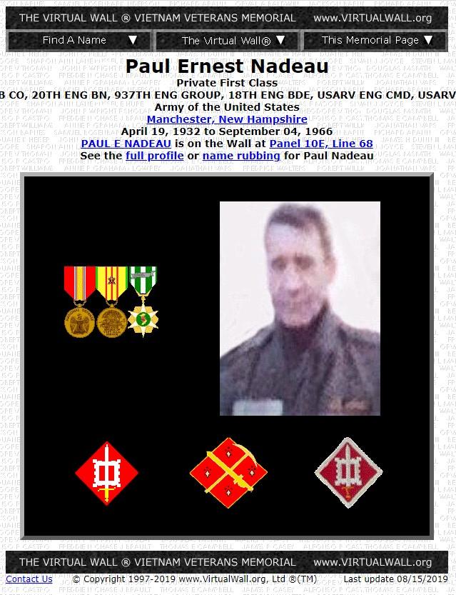 Paul Ernest Nadeau Manchester NH Vietnam War Casualty