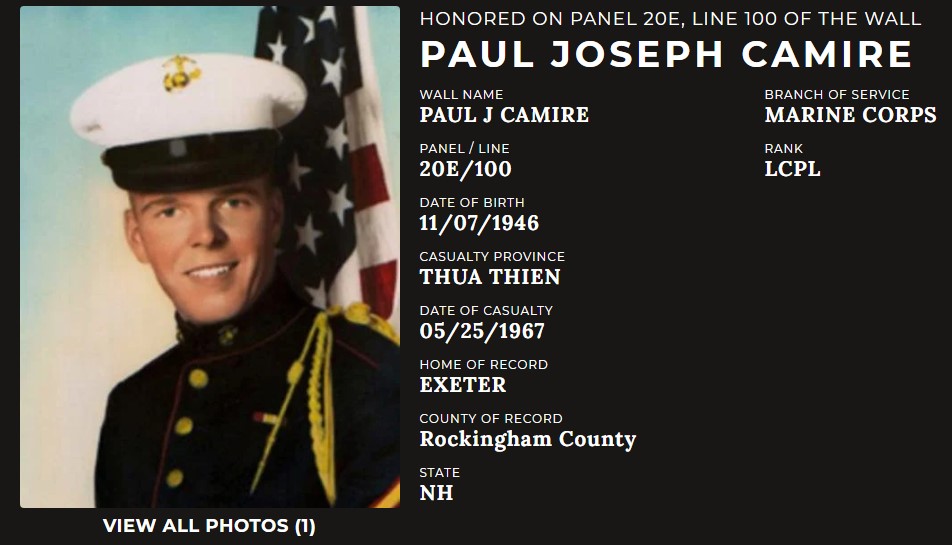Paul Joseph Camire - Exeter NH Vietnam War Casualty