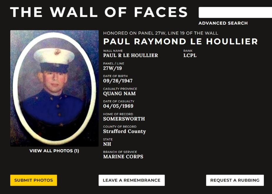 Paul; Raymond Lew Hollier Somersworth NH Vietnam War Casualty
