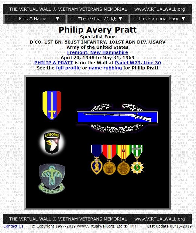 Philip Avery Pratt Fremont NH Vietnam War Casualty