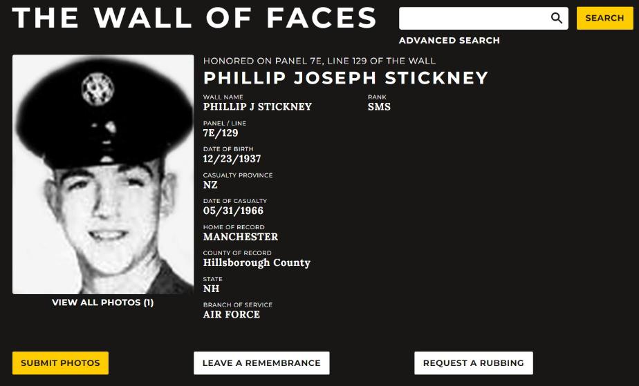 Philip Joseph Stickney Manchester NH Vietnam War Casualty