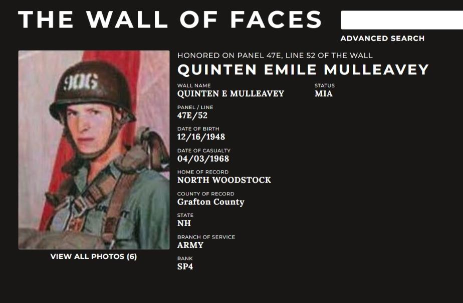 Quinten Emile Mulleavey North Woodstock NH Vietnam War Casualty MIA