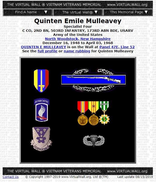 Quinten Emile Mulleavey North Woodstock NH Vietnam War Casualty MIA