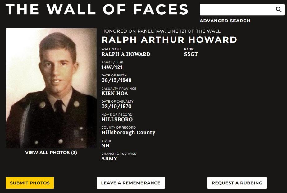 Ralph Arthur Howard Hillsborough NH Vietnam Casualty