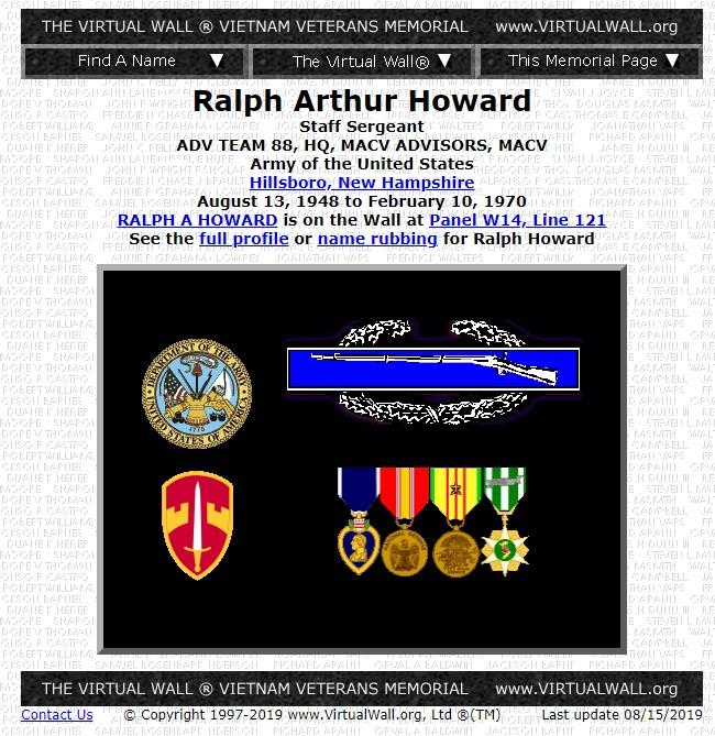 Ralph Arthur Howard Hillsborough NH Vietnam Casualty