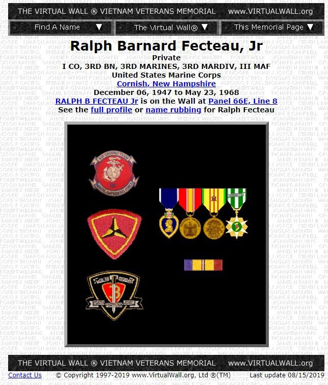 Ralph Bernard Fecteau Jt Cornish NH Vietnam War Casualty