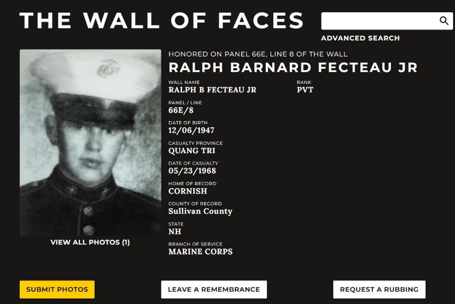 Ralph Bernard Fecteau Jt Cornish NH Vietnam War Casualty