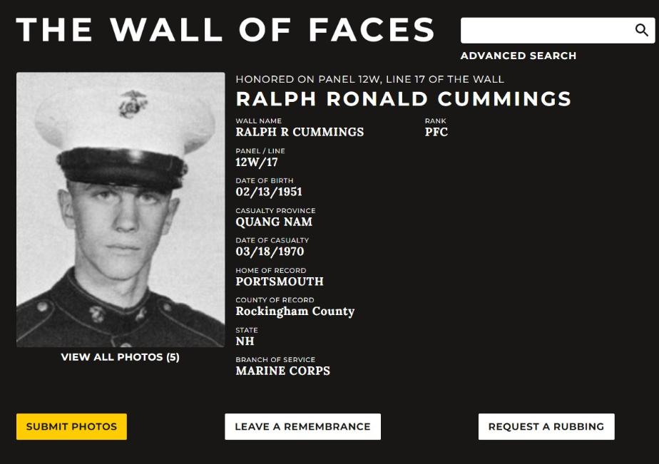 Ralph Ronald Cummings Portsmouth NH Vietnam War Casualty