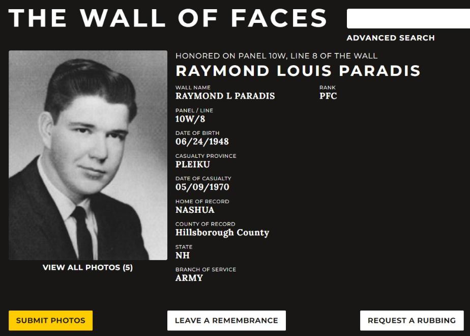Raymond Louis Paradis Nashua NH Vietnam War Casualty