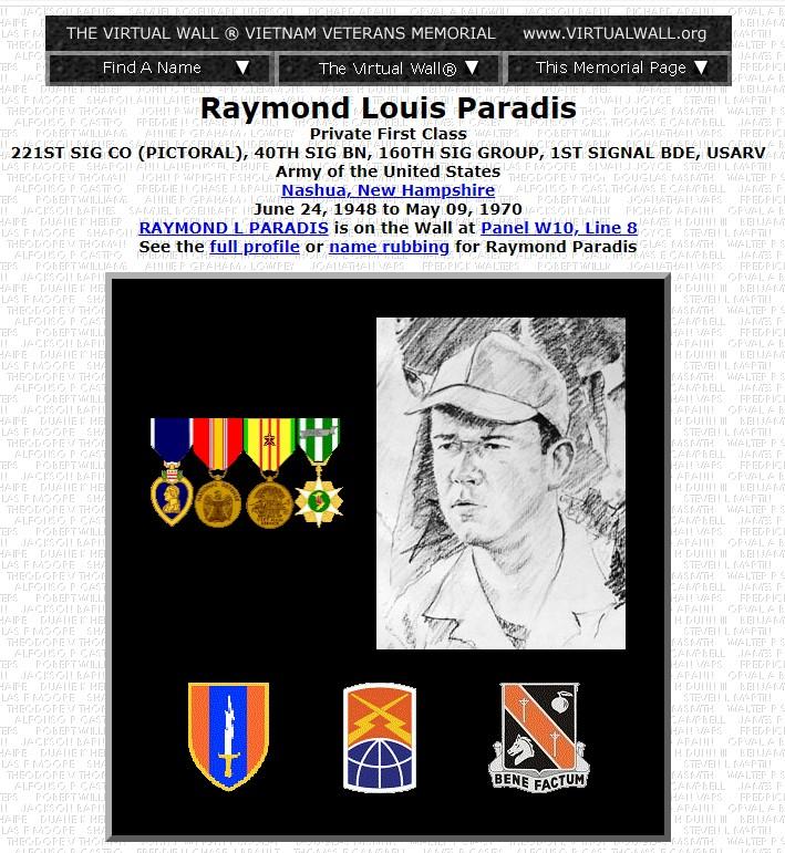 Raymond Louis Paradis Nashua NH Vietnam War Casualty