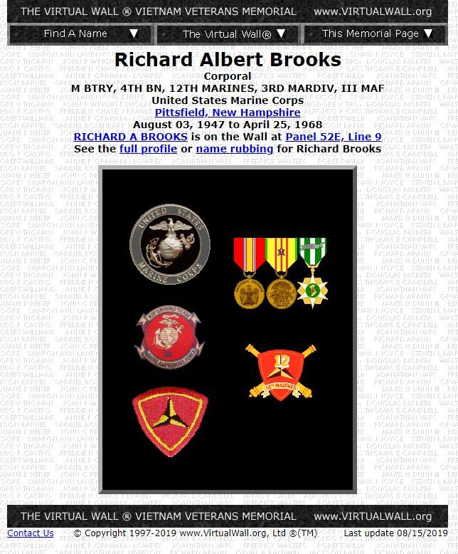 Richard Albert Brooks Pittsfield NH Vietnam War Casualty
