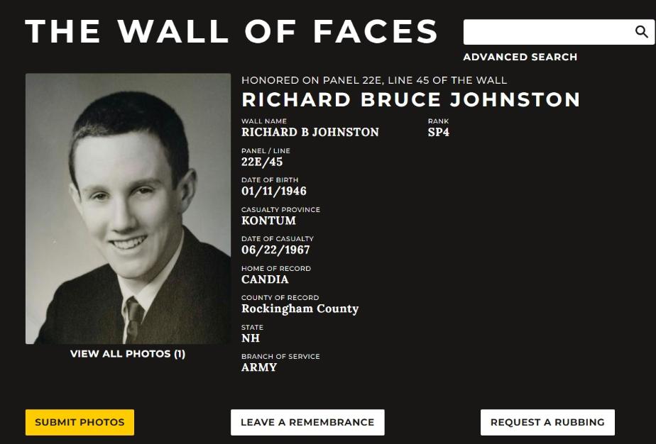 Richard Bruce Johnston Candia NH Vietnam War Casualty