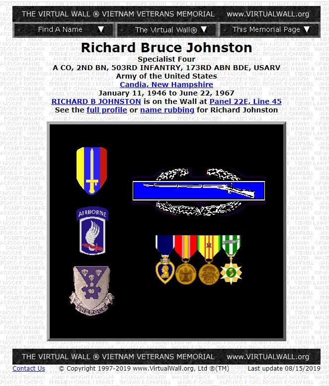 Richard Bruce Johnston Candia NH Vietnam War Casualty