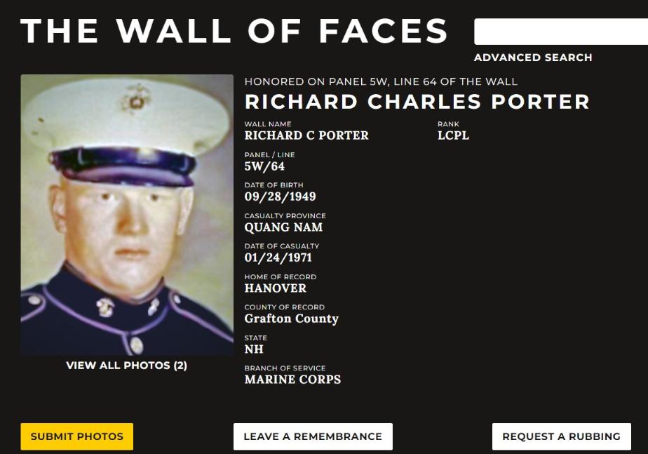 Richard Charles Porter Hanover NH Vietnam War Casualty