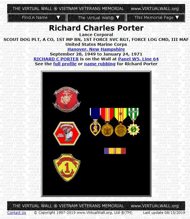 Richard Charles Porter Hanover NH Vietnam War Casualty