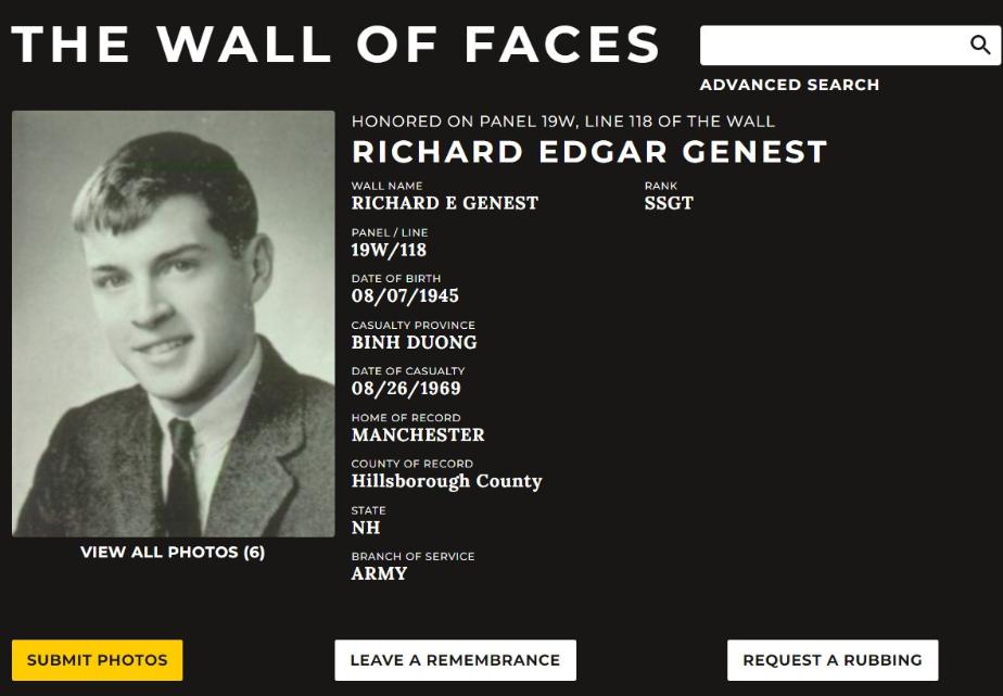 Richard Edgar Genest Manchester NH Vietnam War Casualty