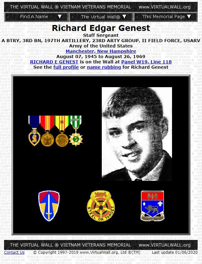 Richard Edgar Genest Manchester NH Vietnam War Casualty