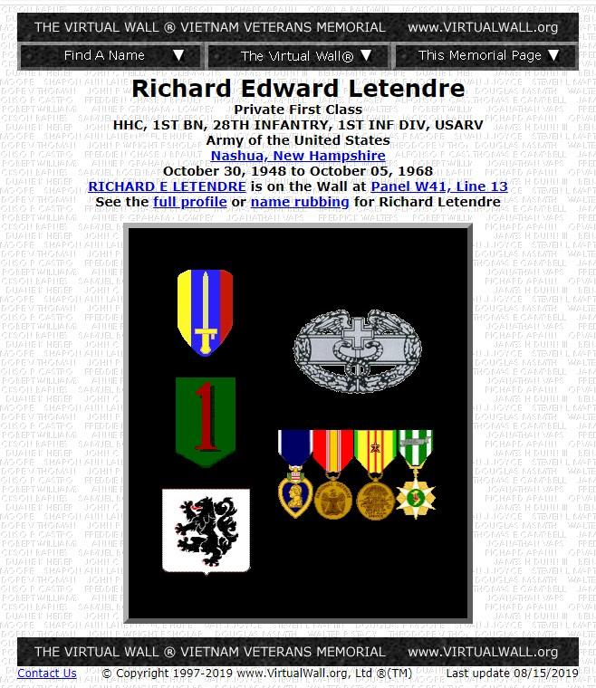 Richard Edward Letendre Nashua NH Vietnam War Casualty