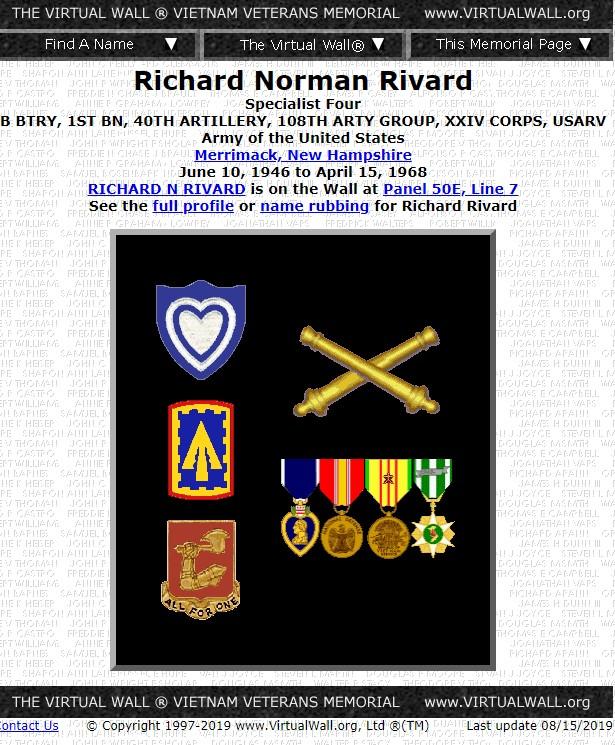 Richard Norman Rivard Merrimack New Hampshire Vietnam Casualty