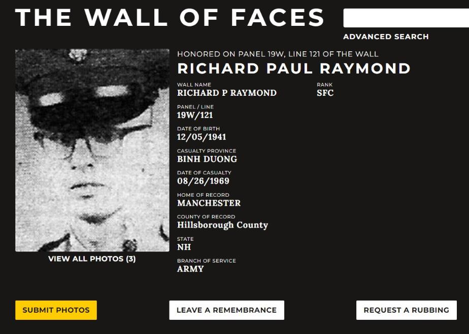 Richard Paul Raymond Manchester NH Vietnam War Casualty