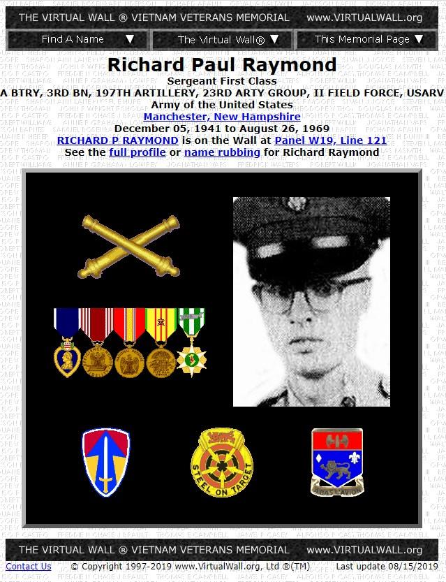 Richard Paul Raymond Manchester NH Vietnam War Casualty