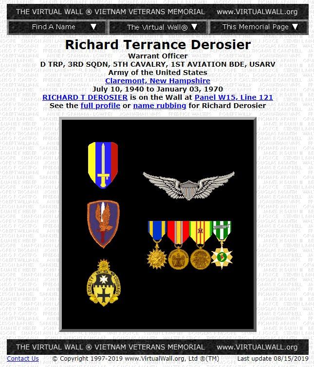Richard Terrance Derosier Claremont NH Vietnam War Casualty