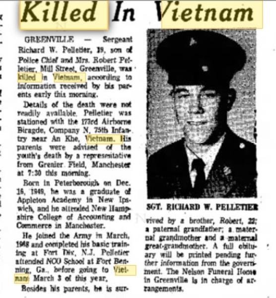 Richard William Pellitier Greenville NH Vietnam War Casualty