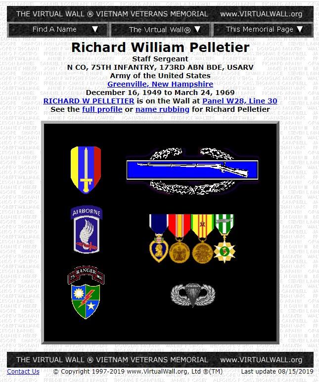 Richard William Pellitier Greenville NH Vietnam War Casualty