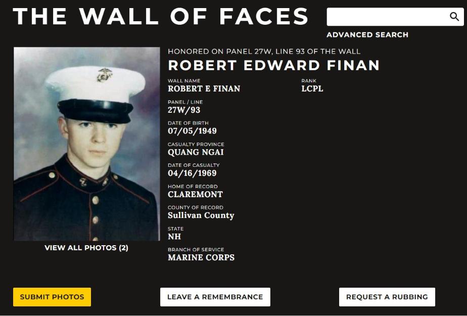 Robert Edward Finan Claremont NH Vietnam War Casualty