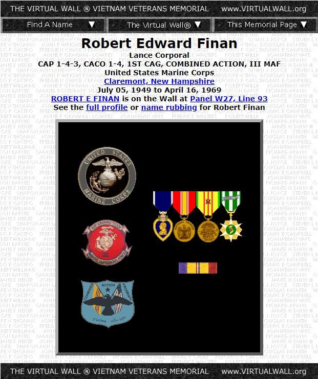 Robert Edward Finan Claremont NH Vietnam War Casualty