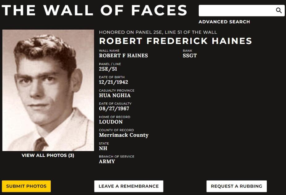 Robert Frederick Haines Loudon NH Vietnam War Casualty