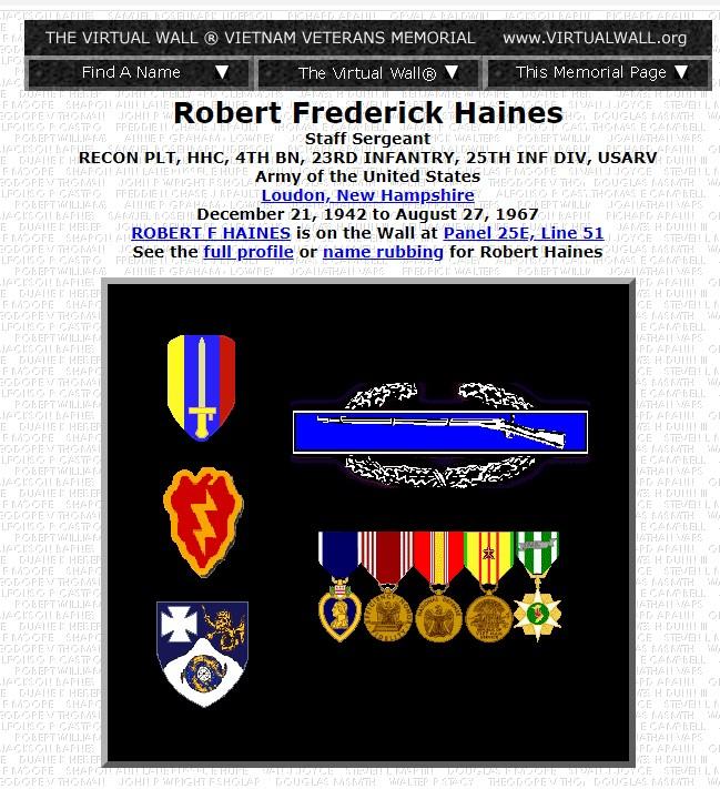 Robert Frederick Haines Loudon NH Vietnam War Casualty