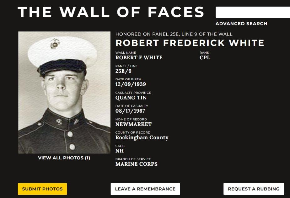 Robert Frederick White Newmarket NH Vietnam War Casualty