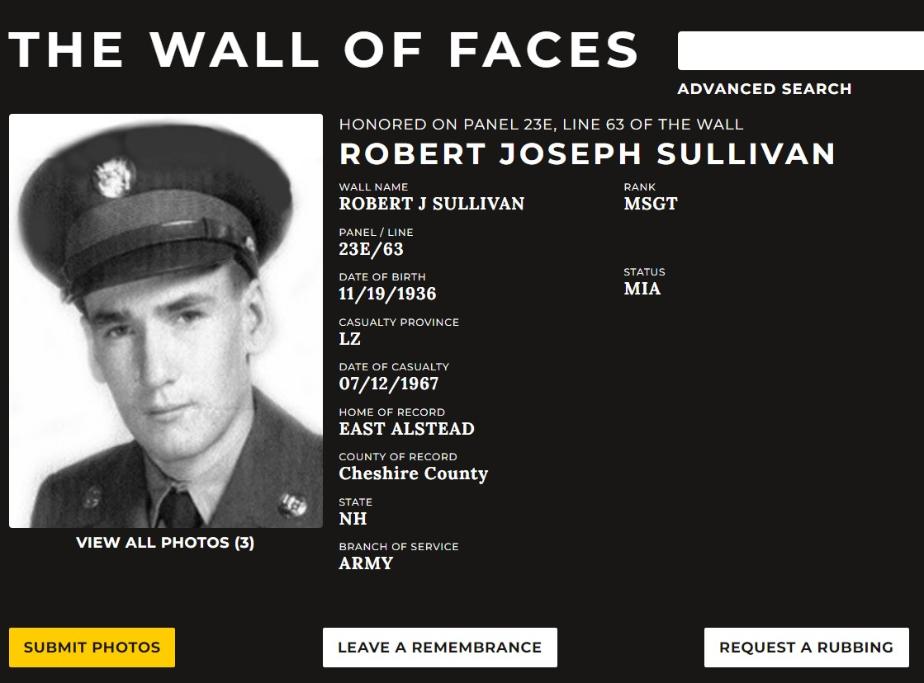 Robert Joseph Sullivan East Alstead NH Vietnam Casualty