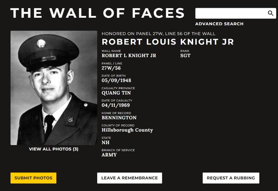 Robert Louis Knight Jr. Bennington NH Vietnam War Casualty