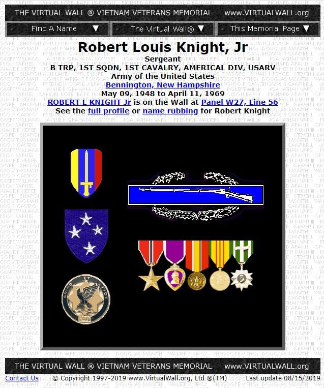 Robert Louis Knight Jr. Bennington NH Vietnam War Casualty