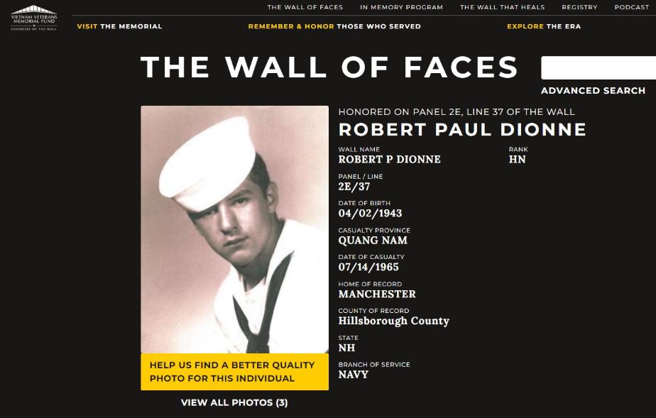 Robert Paul Dionne Manchester NH Vietnam War Casualty