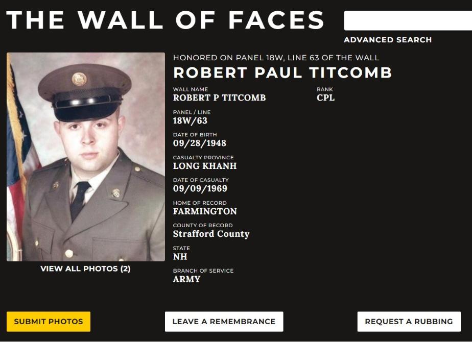 Robert Paul Titcomb Farmington NH Vietnam War Casualty